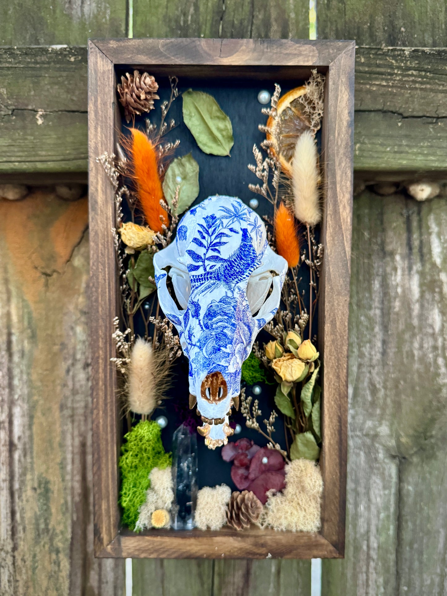 Blue Floral Fox Skull in rectangle frame