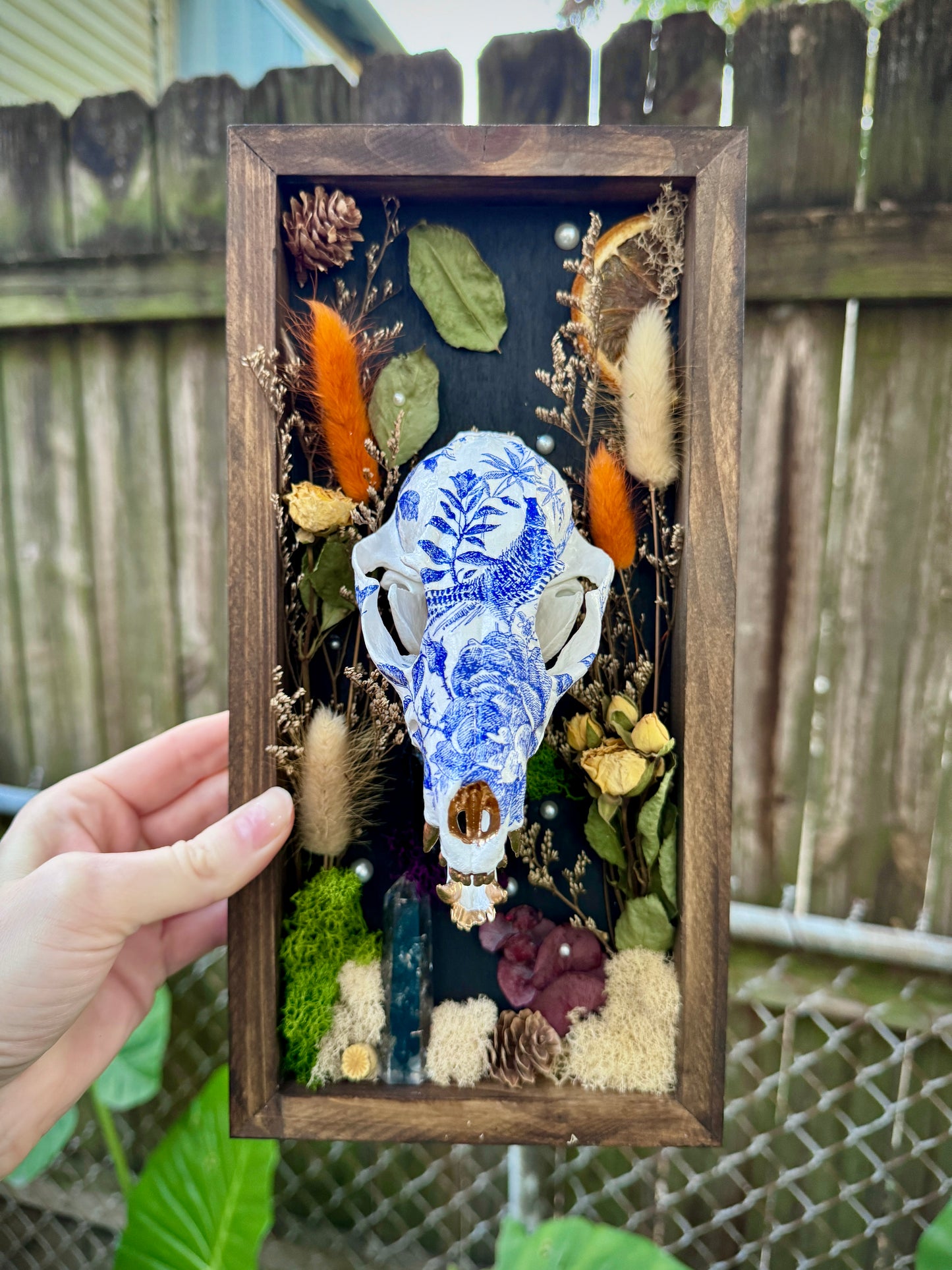 Blue Floral Fox Skull in rectangle frame