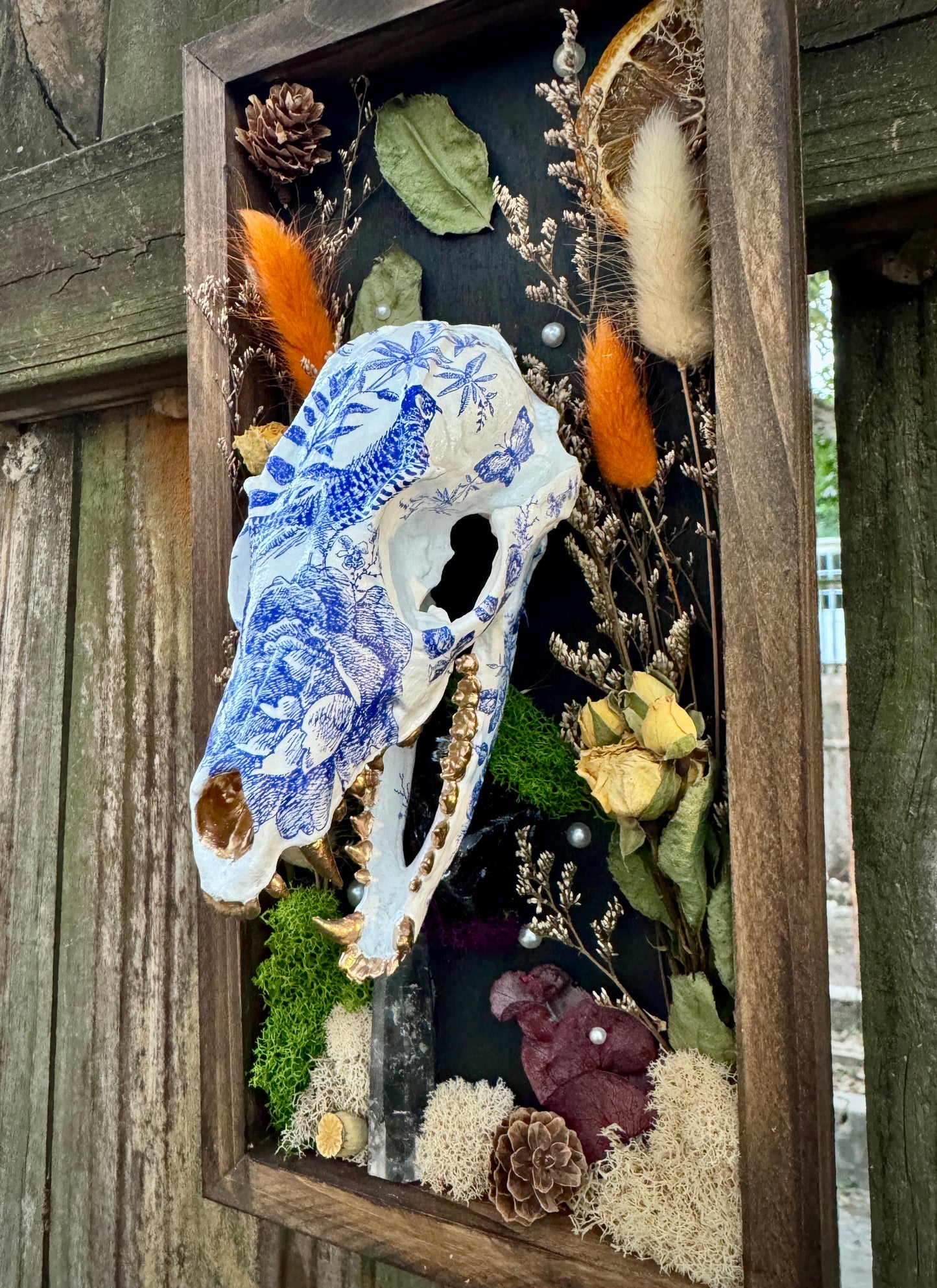 Blue Floral Fox Skull in rectangle frame