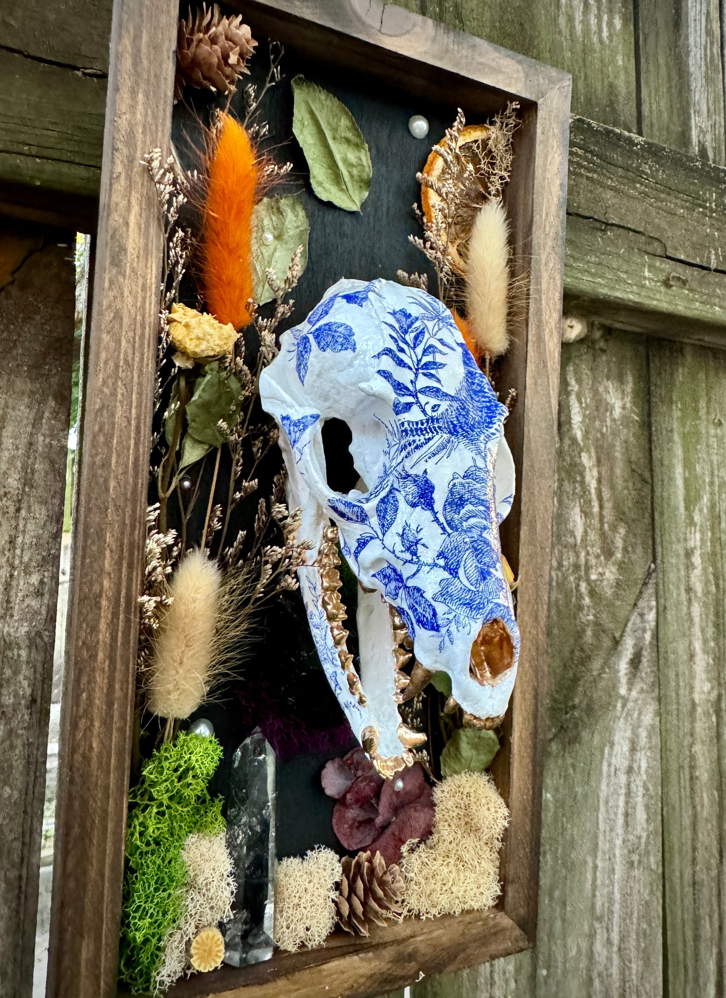 Blue Floral Fox Skull in rectangle frame