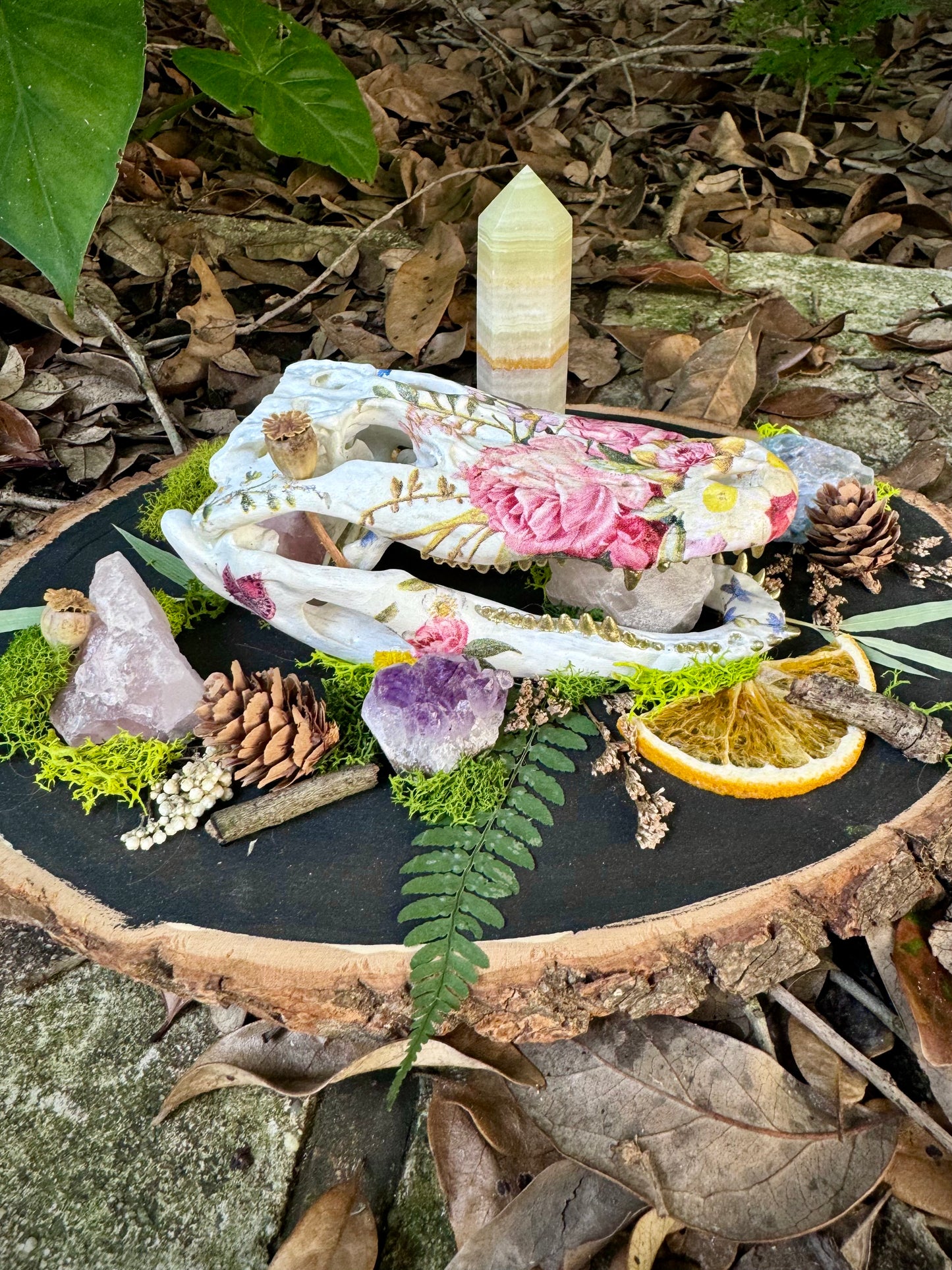 Floral Faux Alligator Skull on Wood Slice