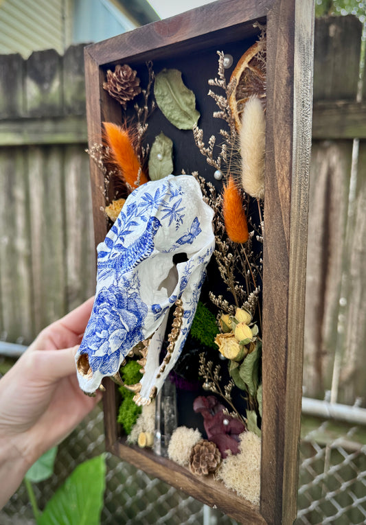 Blue Floral Fox Skull in rectangle frame