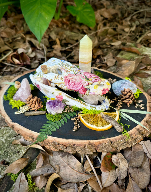 Floral Faux Alligator Skull on Wood Slice