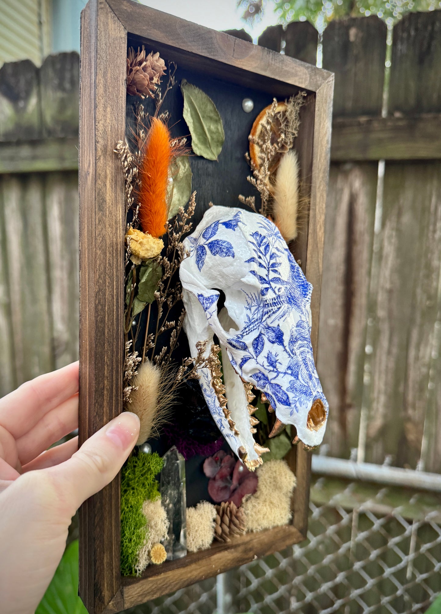 Blue Floral Fox Skull in rectangle frame