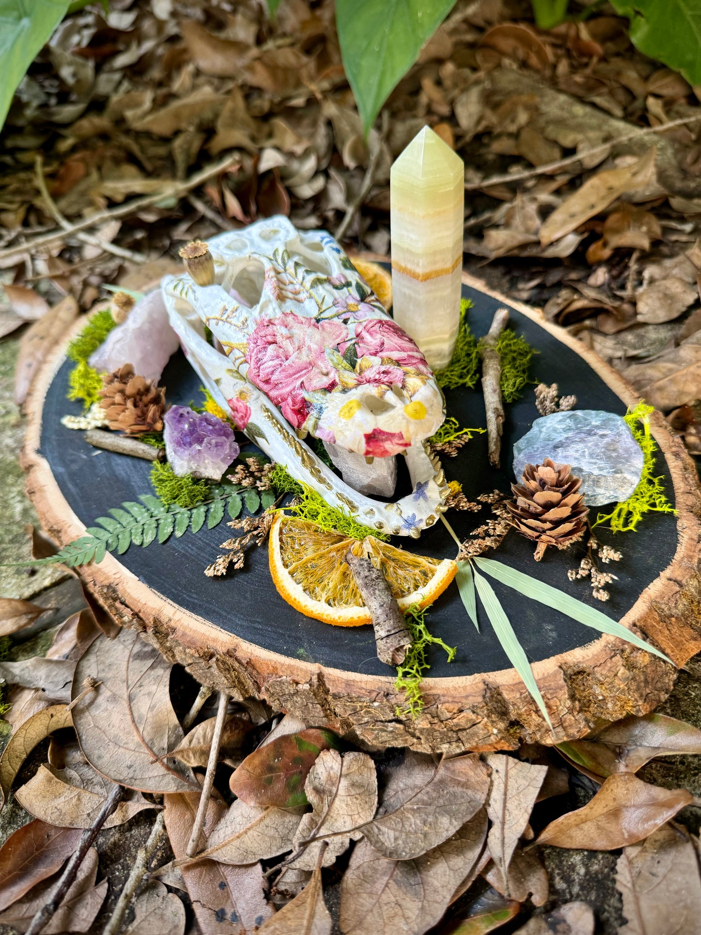 Floral Faux Alligator Skull on Wood Slice